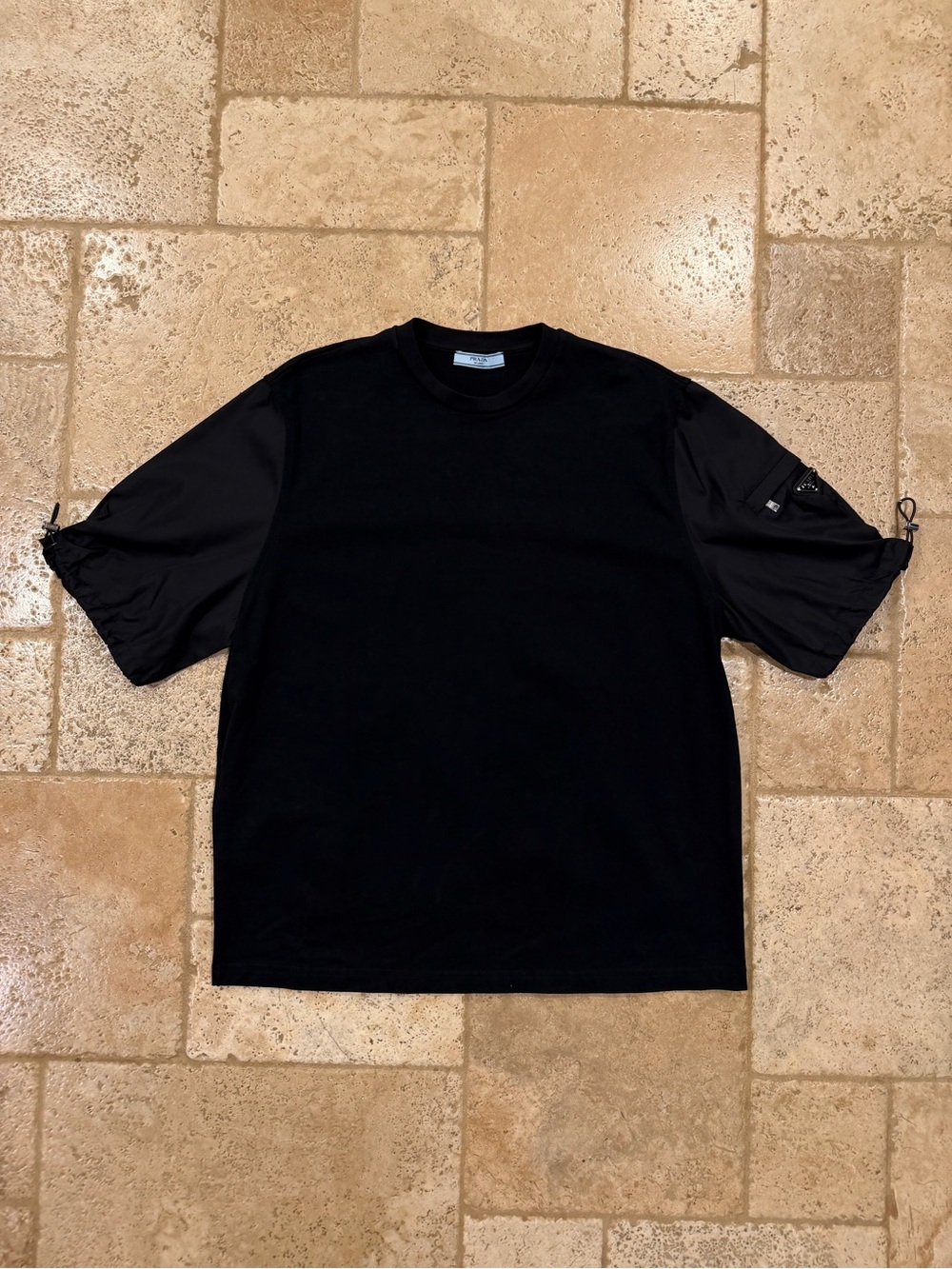 Prada SS21 Jersey & Re-Nylon Enameled Logo Oversized Black T-Shirt